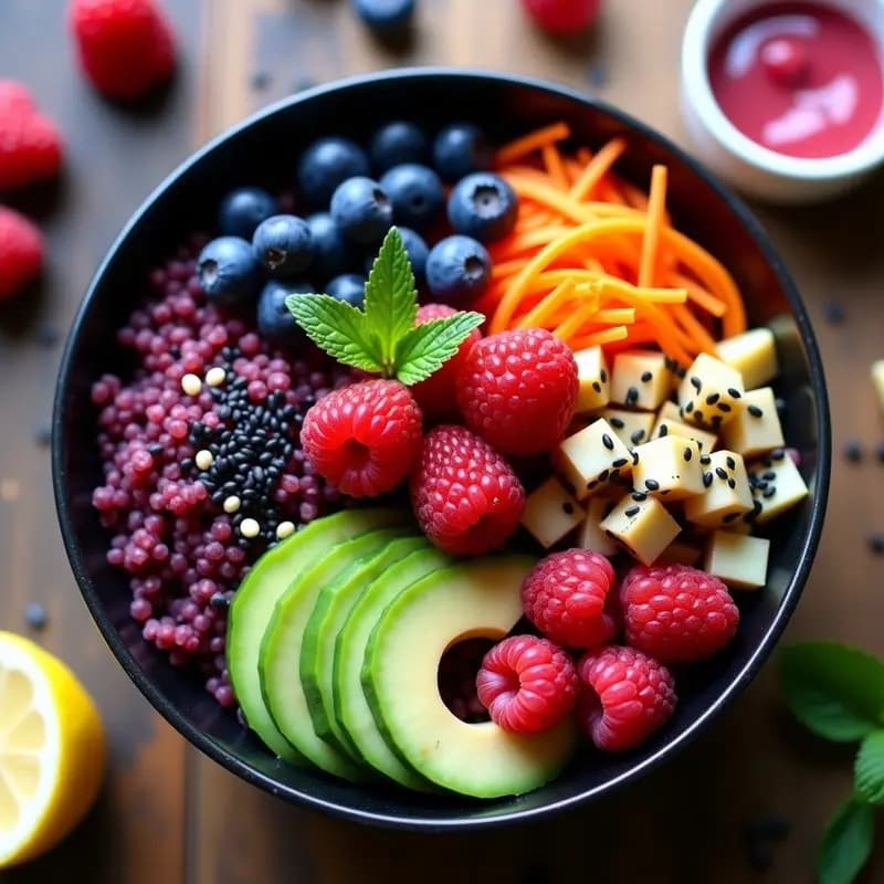 Sushi Bowl de Quinoa morada con Frutos del Bosque y Salsa de Wasabi de Frambuesa: Receta sin Gluten y Colorida