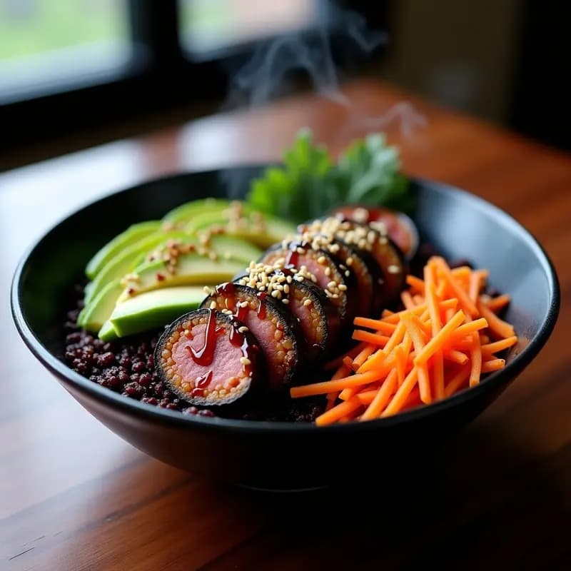 Sushi Bowl de Quinoa Negra y Unagi de Berenjena: Receta Vegana en Capas