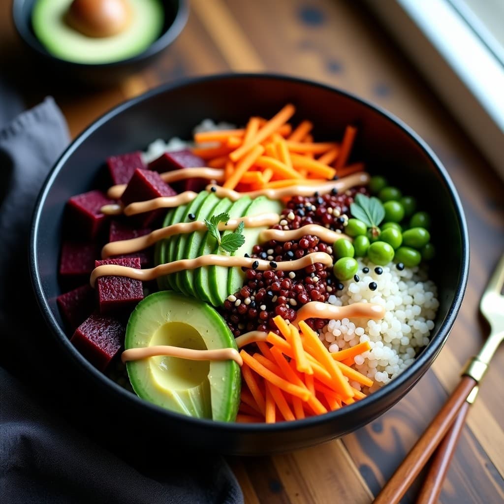 Sushi Bowl de Quinoa y Remolacha: Receta Vegana y Sin Lácteos con Aderezo de Wasabi