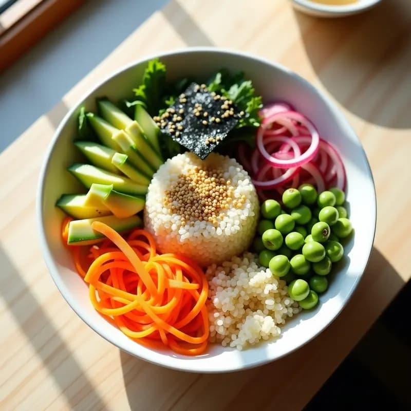 Sushi Bowl de Quinoa y Vegetales: Receta Japonesa Sin Pescado y Alta en Fibra