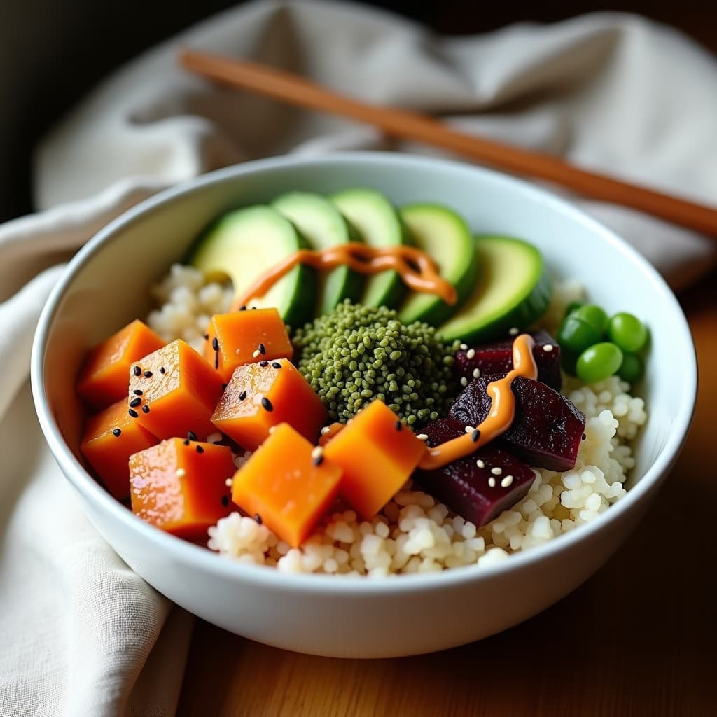 Sushi Bowl de Remolacha Marinada y Aguacate con Salsa Sriracha-Mayo Vegana: Receta Japonesa en Thermomix