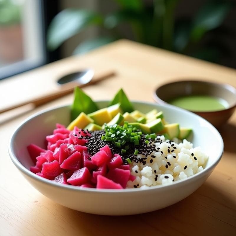 Sushi Bowl de Remolacha y Aguacate con Aliño de Wasabi y Lima: Receta Vegana y Sin Gluten