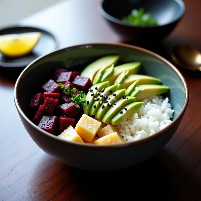 Sushi Bowl de Remolacha y Aguacate con Aderezo de Wasabi: Receta Japonesa Sin Pescado