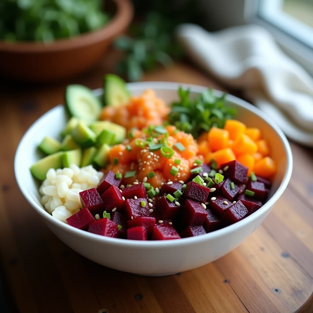 Sushi Bowl de Remolacha Morada y Arancia con Salsa Sriracha: Receta Vegana Sin Pescado