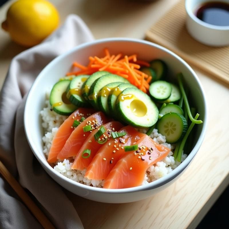 Sushi Bowl de Salmón Ahumado y Aguacate con Vinagreta de Yuzu: Receta Japonesa en 10 Minutos Sin Algas