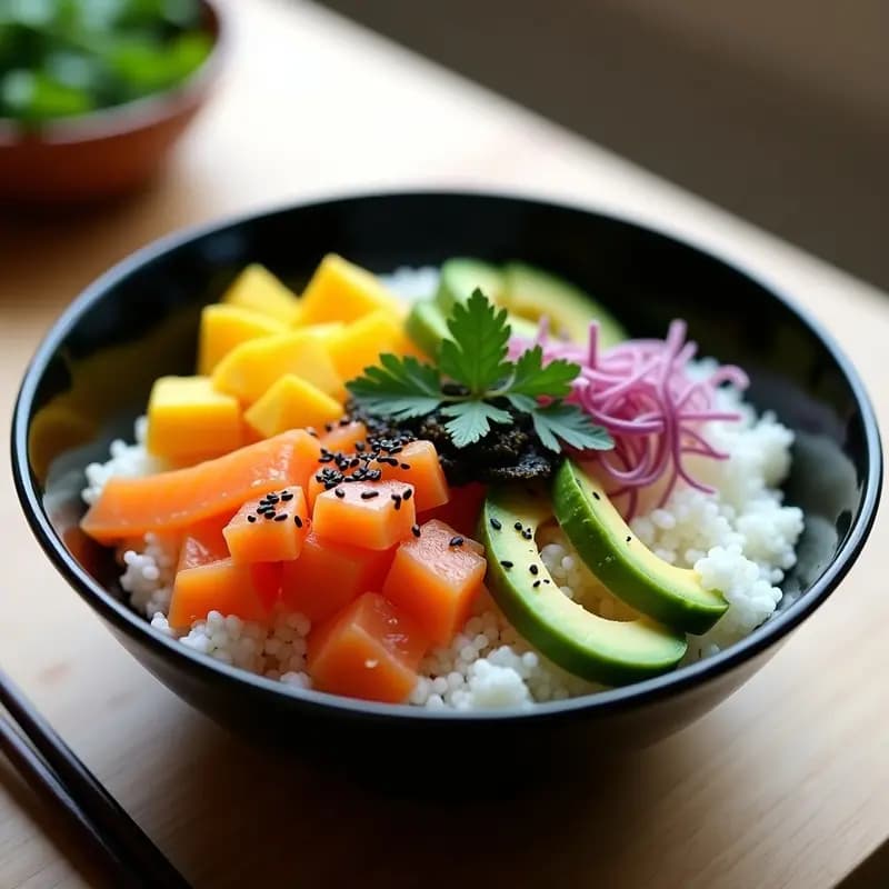 Sushi Bowl de Salmón y Mango: Receta Japón-Peruana Sin Arroz con Coliflor