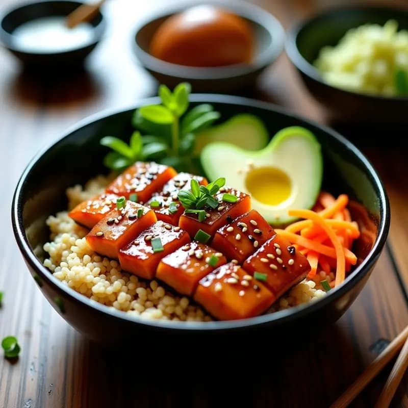 Sushi Bowl de Salmón Teriyaki y Aguacate: Receta Japonesa en Bowl Sin Algodón de Azúcar y Sin Gluten