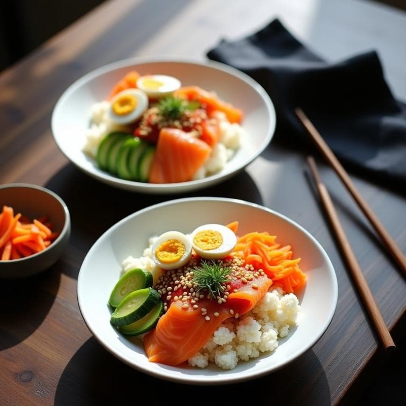 Sushi Bowls de Coliflor con Salmón Ahumado y Salsa Sriracha: Receta Keto Sin Arroz en 15 Minutos