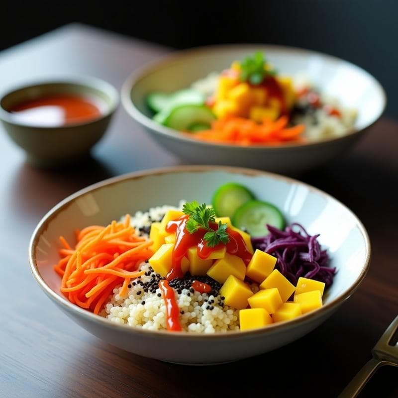 Sushi Bowls de Quinoa y Mango con Salsa Sriracha: Receta Japonesa Sin Pescado en 15 Minutos