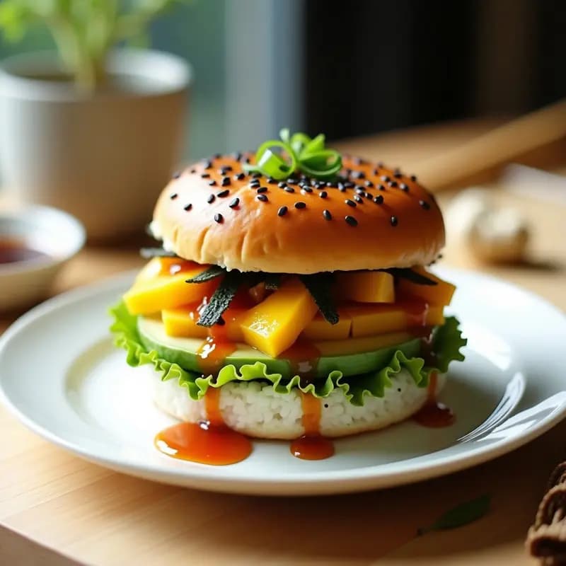Sushi Burger de Aguacate y Mango con Salsa Teriyaki: Receta Fusion Japonesa-Americana en 25 Minutos