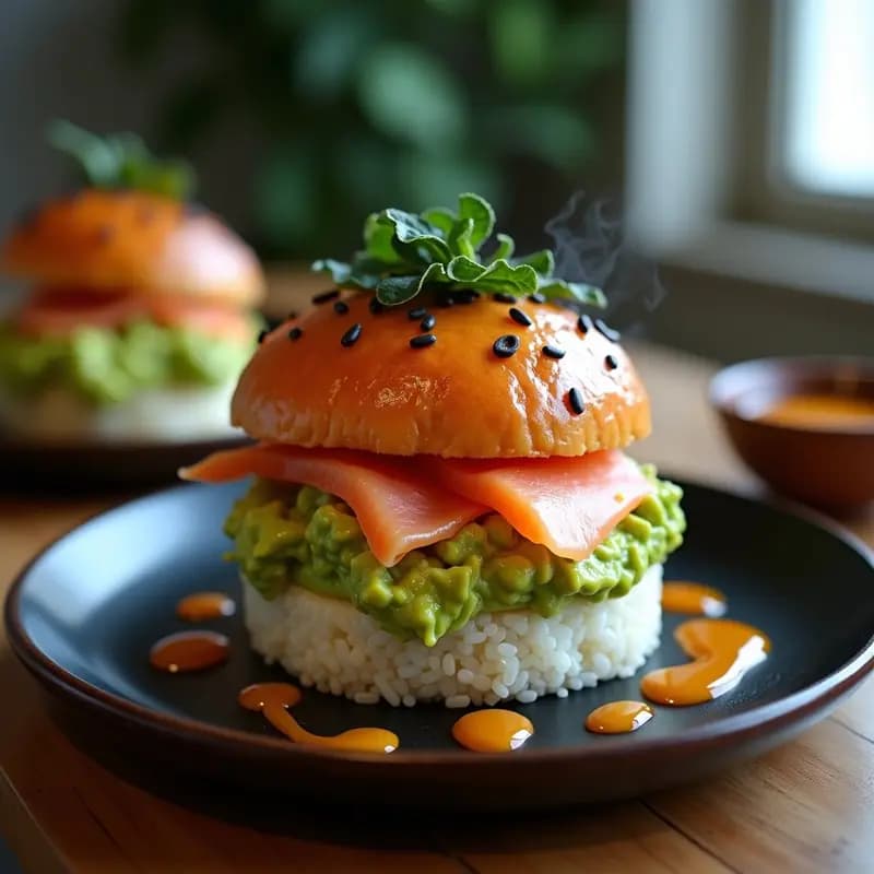 Sushi Burger japonés con Guacamole y Salsa Teriyaki: Receta Fusion Rápida y Sin Gluten