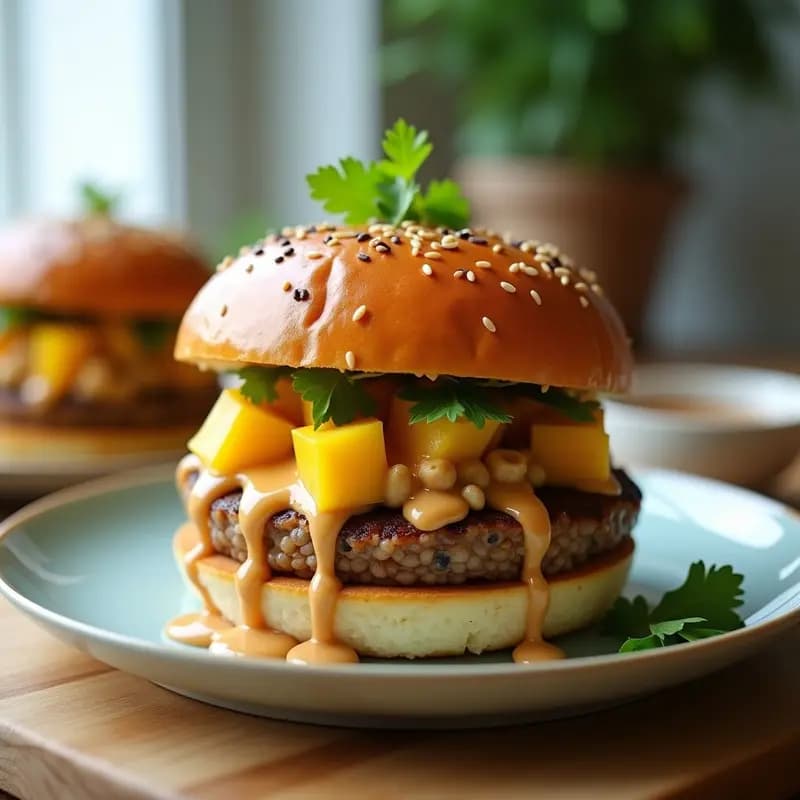 Sushi Burger Indonesio con Salsa de Cacahuete y Mango: Fusion Asiática en 15 Minutos