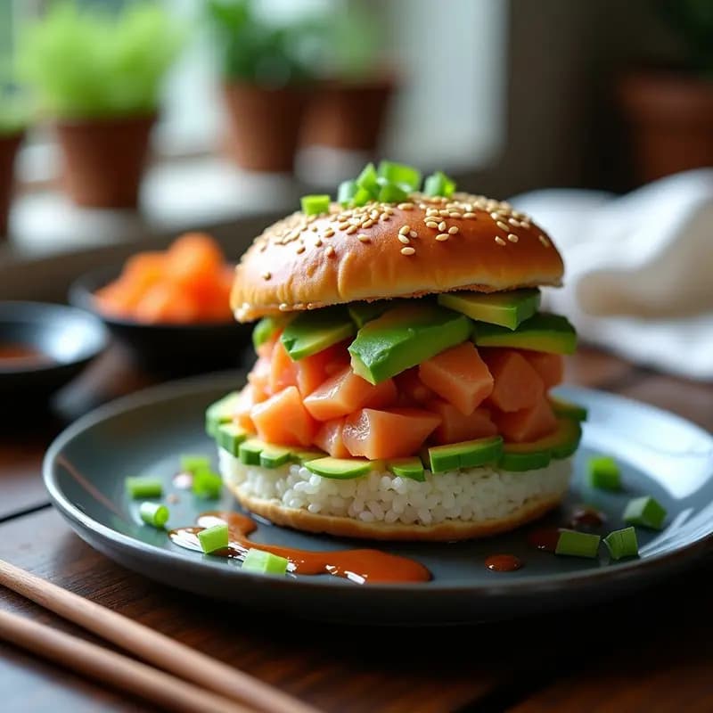 Sushi Burger Japonés con Aguacate y Teriyaki: Receta Fusion Alta en Proteína