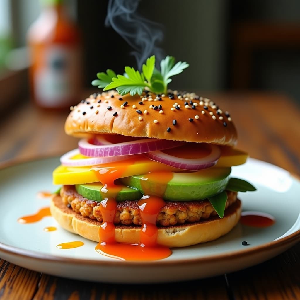 Sushi Burger Vegano de Aguacate y Mango con Salsa Sriracha: Receta Japonesa en Airfryer