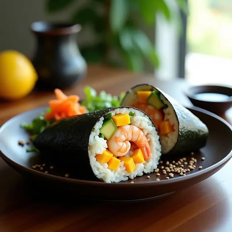 Sushi Burrito de Aguacate, Mango y Langostinos: Receta Japonesa Femenina y Fresca en Papel de Nori