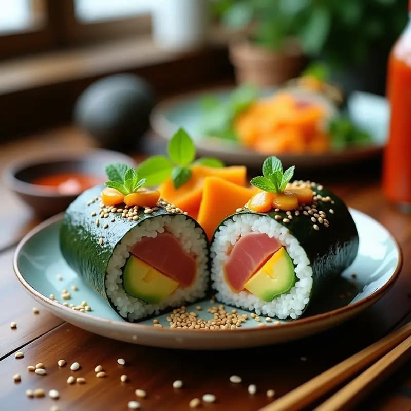 Sushi Burrito con Aguacate, Mango y Salsa Sriracha: Receta Japonesa-Mexicana para Llevar