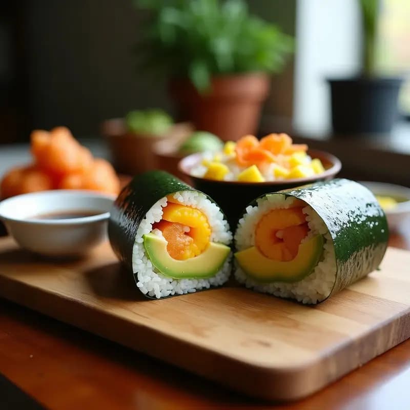Sushi Burrito con Aguacate, Mango y Tempura de Langostinos: Receta Fusion Portátil