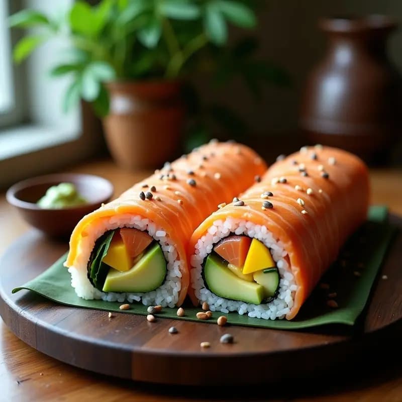 Sushi Burrito Japonés-Mexicano: Rollo Gigante con Aguacate y Pescado