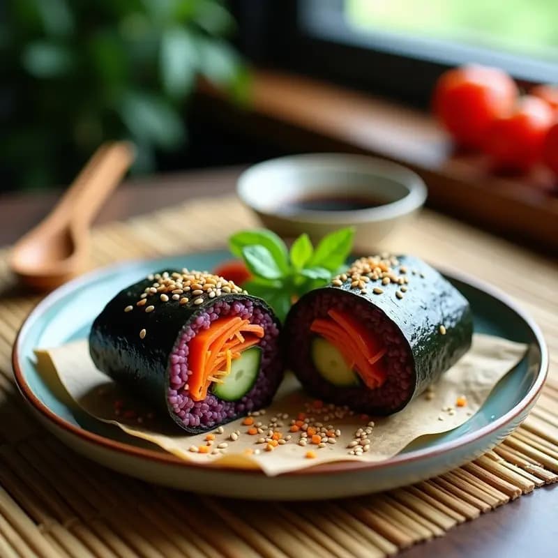 Sushi Burrito con Arroz Morado y Vegetales Frescos: Receta Fusion Rápida y Colorida