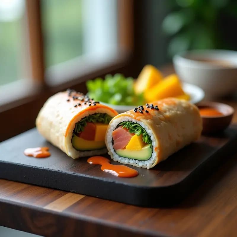 Sushi Burrito Japonés: Relleno de Aguacate, Salmón Ahumado y Mango con Salsa Sriracha-Mayo