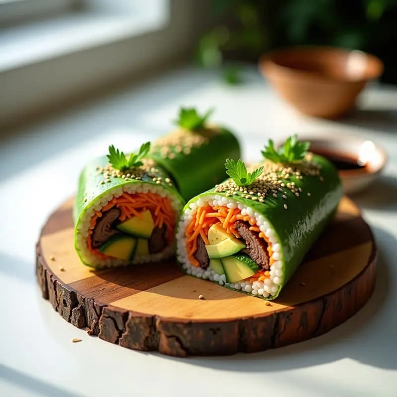 Sushi Burrito Mexicano: Roll Gigante con Arroz de Cilantro, Aguacate y Carne Asada para Llevar