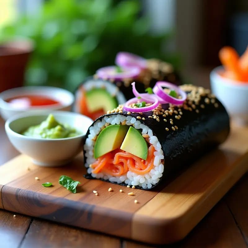 Sushi Burrito de Salmón y Aguacate: Rollito Japonés-Mexicano con Arroz Negra