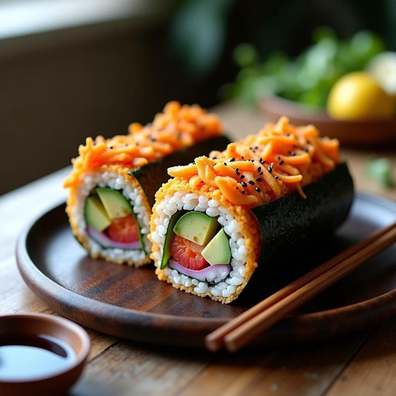 Sushi Burrito Vegano con Aguacate y Tempura de Zanahoria: Receta Fusion Sin Gluten en 20 Minutos