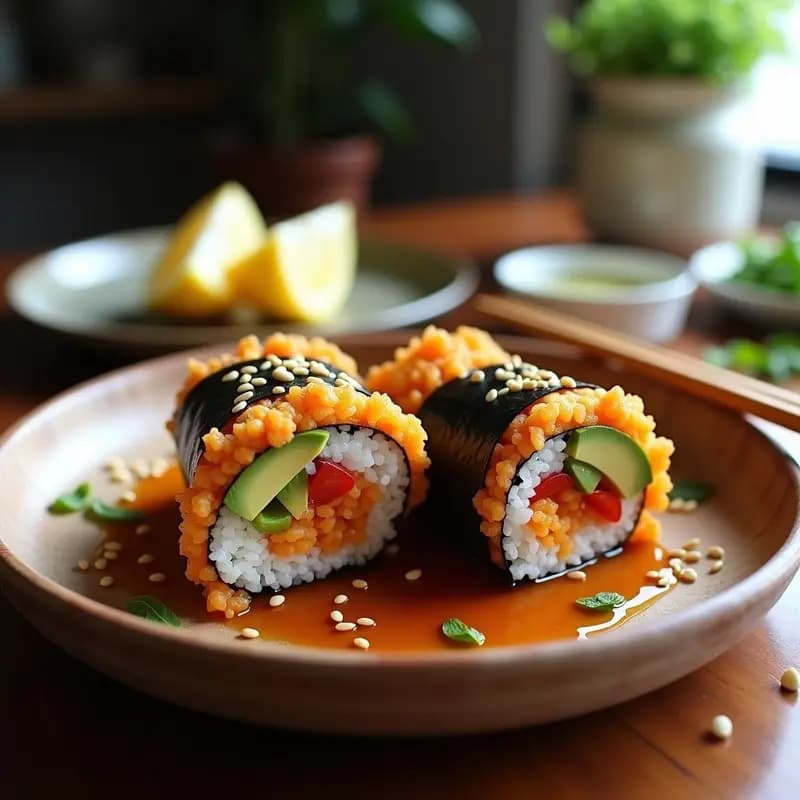 Sushi Burrito Vegano con Tempura de Camote y Salsa Teriyaki Casera: Receta Japonesa-Mexicana Alta en Proteína