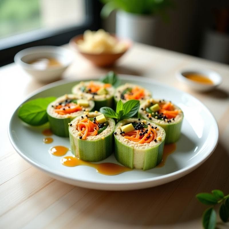Sushi de Calabacín y Hummus con Vinagreta de Sésamo: Receta Vegana Sin Arroz y Sin Cocción