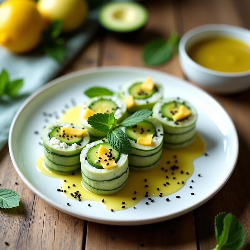 Sushi de Calabacín y Queso de Cabra con Vinagreta de Limón: Receta Crudivegana Sin Arroz