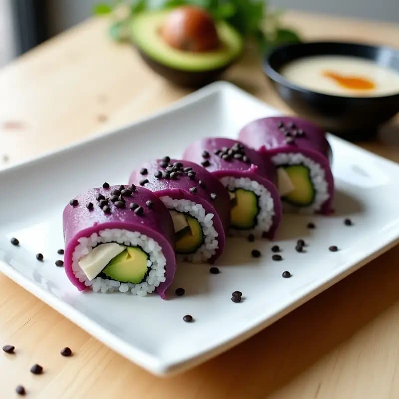 Sushi de Camote Morado y Aguacate: Receta Vegana en Rollos Urusuma con Salsa de Miso Blanco
