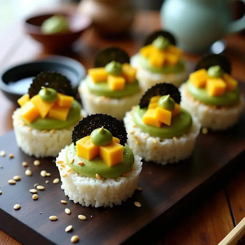 Sushi Cupcake Vegano: Capas de Arroz Vinagrado, Aguacate y Mango con Decoración de Algas
