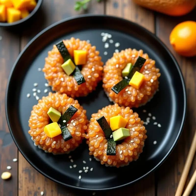 Sushi Donuts de Aguacate y Mango: Rollos de Arroz Vinagrado con Relleno Crujiente de Tempura de Camarones