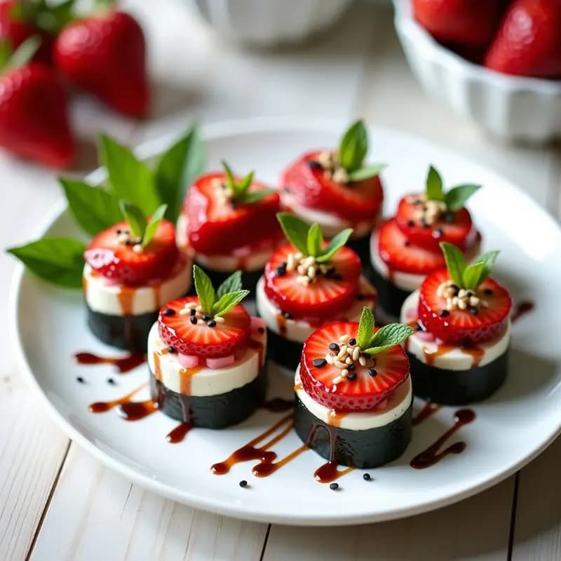 Sushi de Fresa y Queso de Almendras con Vinagreta de Balsámico: Entrante Dulce-Salado Vegano en 15 Minutos
