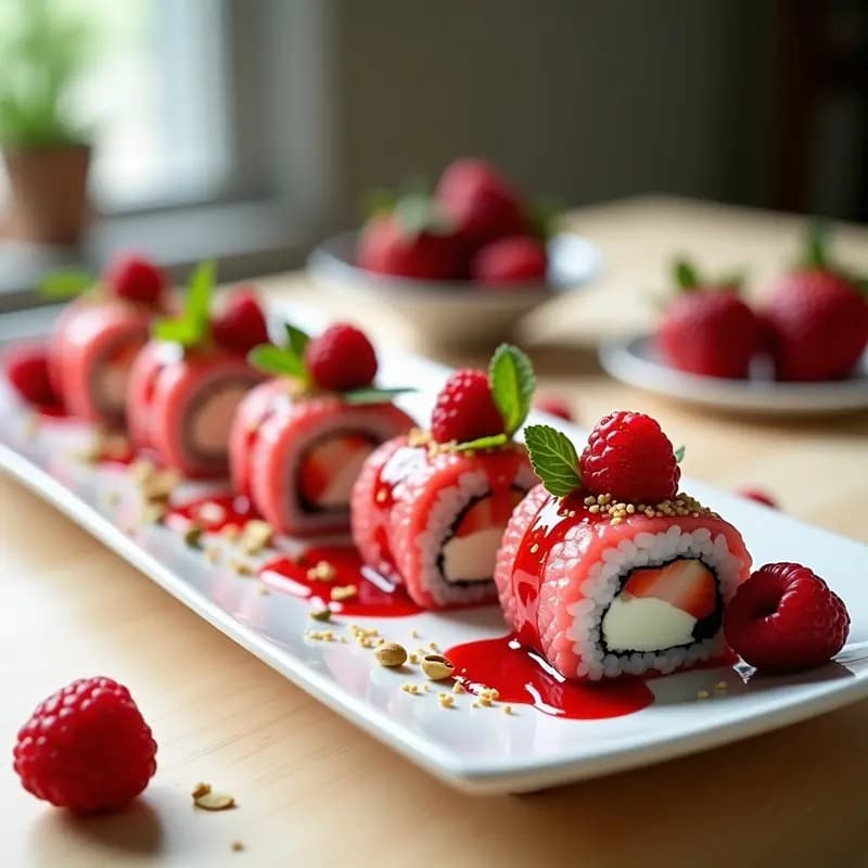 Sushi de Fresas y Queso Mascarpone: Rollitos Dulces con Reducción de Frambuesa