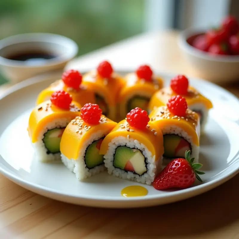 Sushi de Mango y Aguacate con Caviar de Fresa: Receta sin Pescado con Toque Dulce-Salado