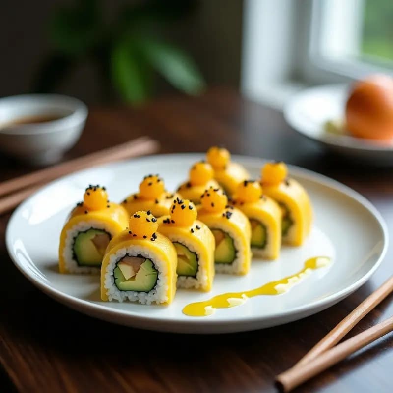 Sushi de Mango y Aguacate con Cápsulas de Caviar de Litchi: Postre Salado Japonés Sin Pescado
