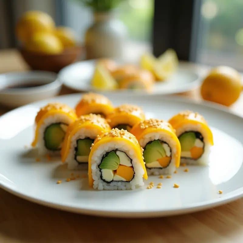 Sushi de Mango y Aguacate con Queso Cremoso: Rollos Japoneses Dulces y Salados en 20 Minutos