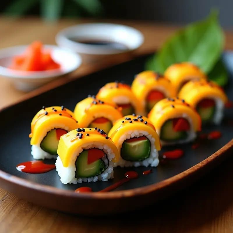 Sushi de Mango y Aguacate con Salsa Sriracha: Rollitos Japoneses Veganos y Picantes en 20 Minutos
