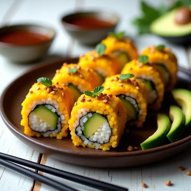 Sushi de Mango y Aguacate: Rollos Veganos con Arroz de Cúrcuma y Salsa Teriyaki