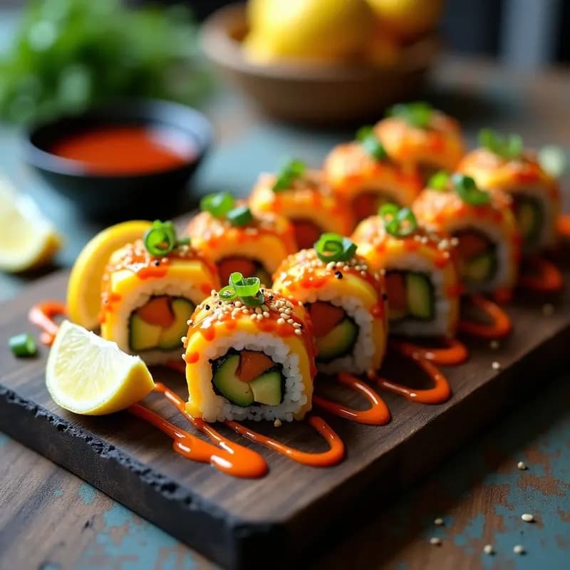 Sushi de Mango y Cangrejo con Salsa Sriracha: Receta Fusion Japonesa-Mexicana Picante y Fresca