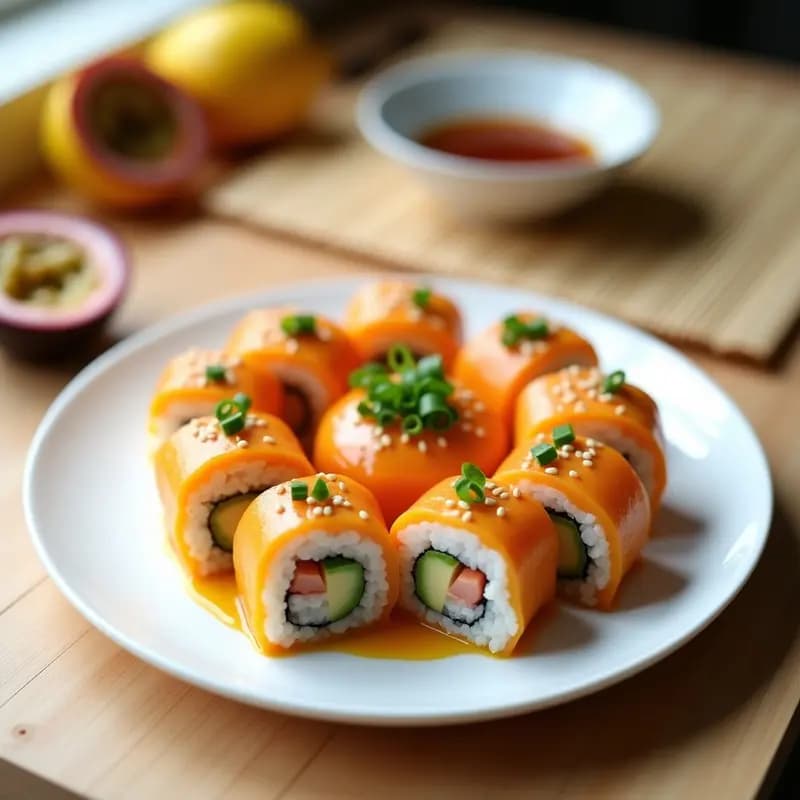Sushi de Mango y Langostino con Salsa de Maracuyá: Receta Fusion Peruano-Japonesa en 20 Minutos