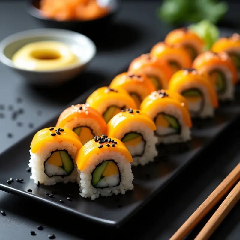 Sushi de Mango y Langostinos con Mayonesa de Wasabi: Receta Japonesa Dulce-Salada