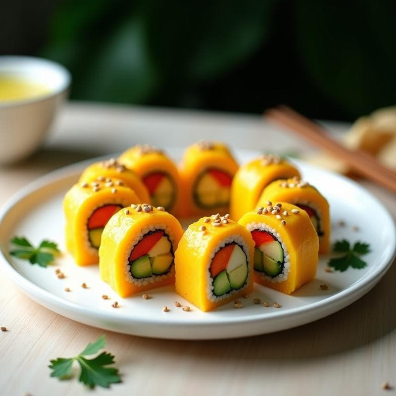 Sushi de Mango y Pimiento Asado: Rollo Vegano con Vinagreta de Limón y Cilantro