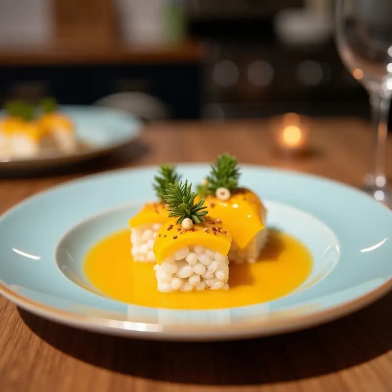 Sushi de Mango y Queso Azul con Reducción de Vinagre de Frambuesa: Receta Fusion Dulce-Acida Sin Pescado