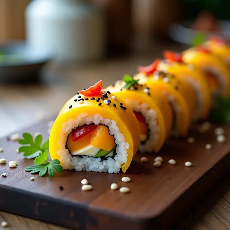 Sushi de Mango y Queso Crema con Cúrcuma: Roll Viral Sin Pescado en 15 Minutos