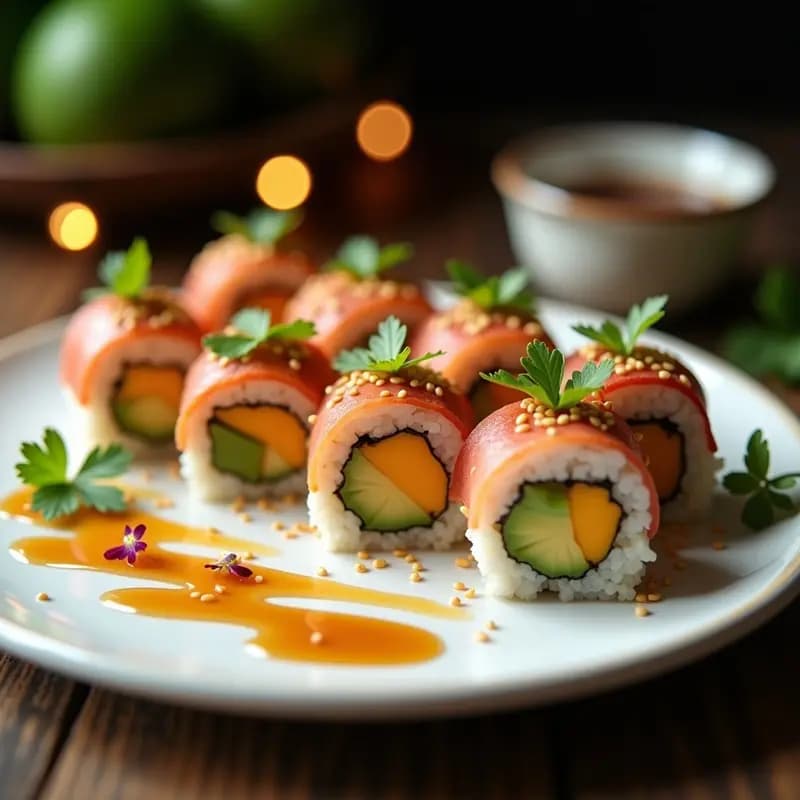 Sushi de Mango y Queso Crema con Envoltorio de Jamón de Pavita: Receta fusion Japo-Española