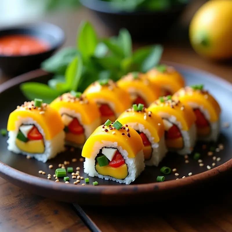 Sushi de Mango y Queso Crema con Toque Picante: Receta Japonesa Vegana en 15 Minutos