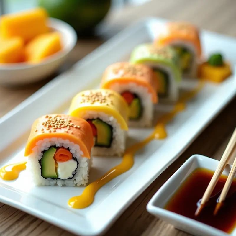 Sushi de Mango y Queso Crema: Rollos de Primavera Coloridos Sin Pescado en 15 Minutos