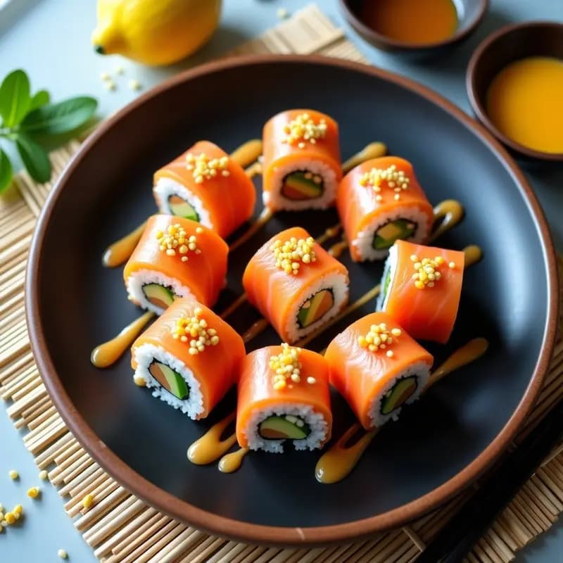 Sushi de Mango y Salmón Ahumado: Rollos Japoneses Fusion con Aderezo de Limón y Miel